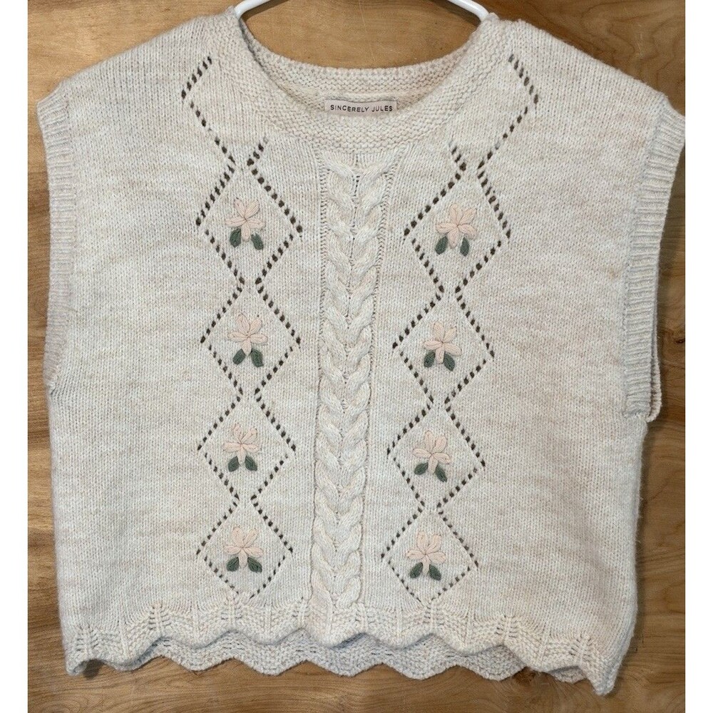Sincerely Jules Sweater Vest Woman XL embroidered Flowers Preppy Old Money